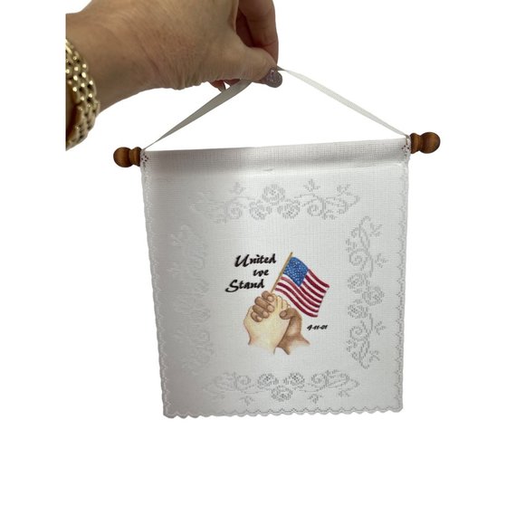 Vintage Banner Lace 911 Flag USA “United we Stand” Clasped Hands Unity Patriotic - Picture 9 of 13